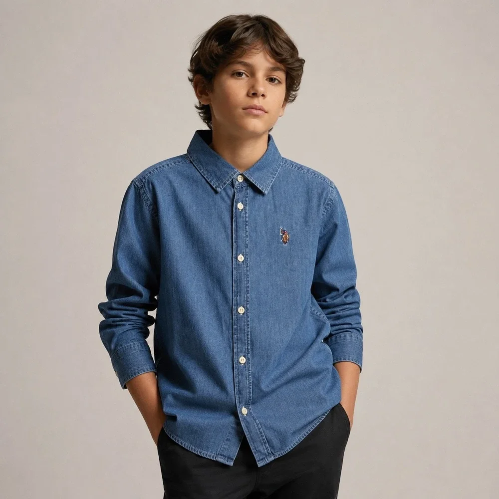 US Polo Assn Boys Denim Button Down Shirt Blue Long Sleeve XL 14-16